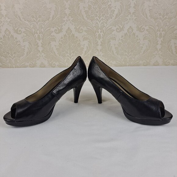 Bandolino Size 6M Mylah Black Leather Heels Peep Toe - Picture 9 of 14